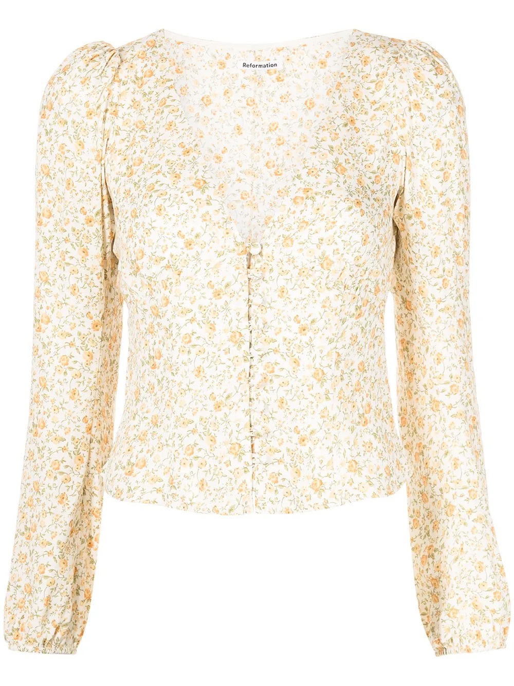 Reformation Cream Floral Button-Up Blouse with Yellow Accents